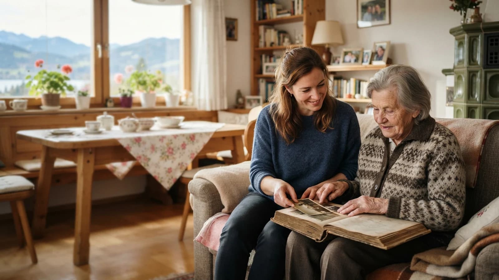 Symbolbild: Seniorin und Betreuerin beim Ansehen eines Fotoalbums in einer Wohnung in St. Veit an der Glan