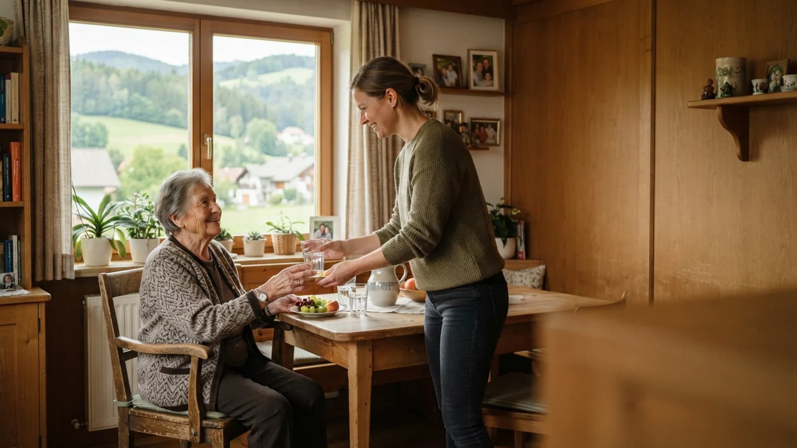 Symbolbild: Seniorin und Betreuerin am Fenster mit einem Glas Wasser in einer Wohnung in der Steiermark