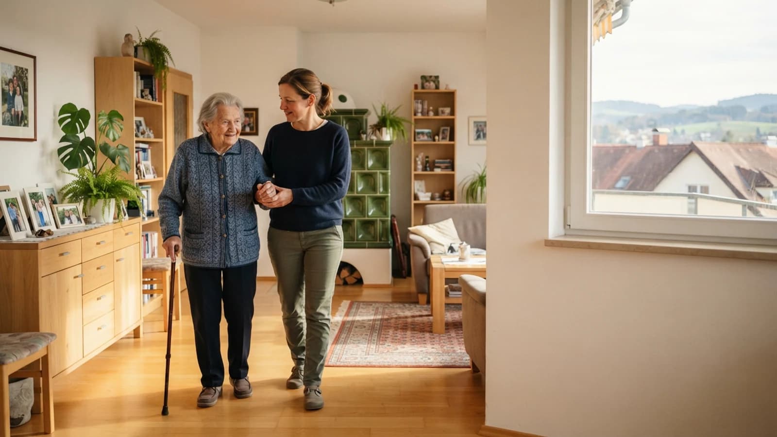 Symbolbild: Seniorin und Betreuerin beim Gehen mit stützendem Arm in einer Wohnung in Steyr