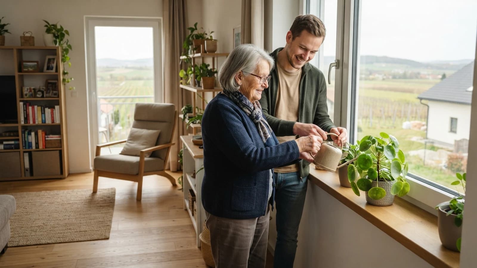 Symbolbild: Seniorin und Betreuer beim Gießen von Zimmerpflanzen in einer Wohnung in Stockerau
