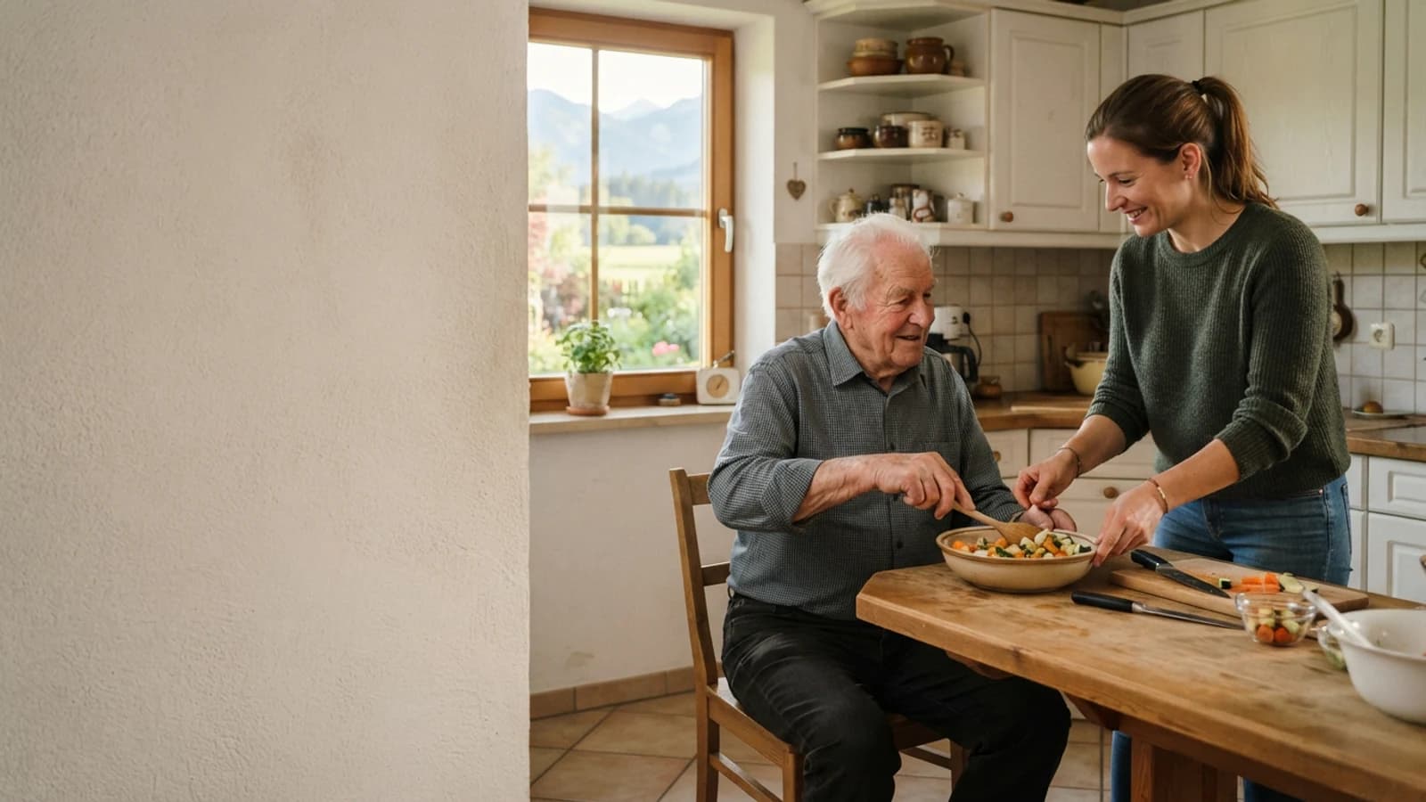 Symbolbild: Senior und Betreuerin beim gemeinsamen Kochen in einer Wohnung in Tamsweg und im Lungau