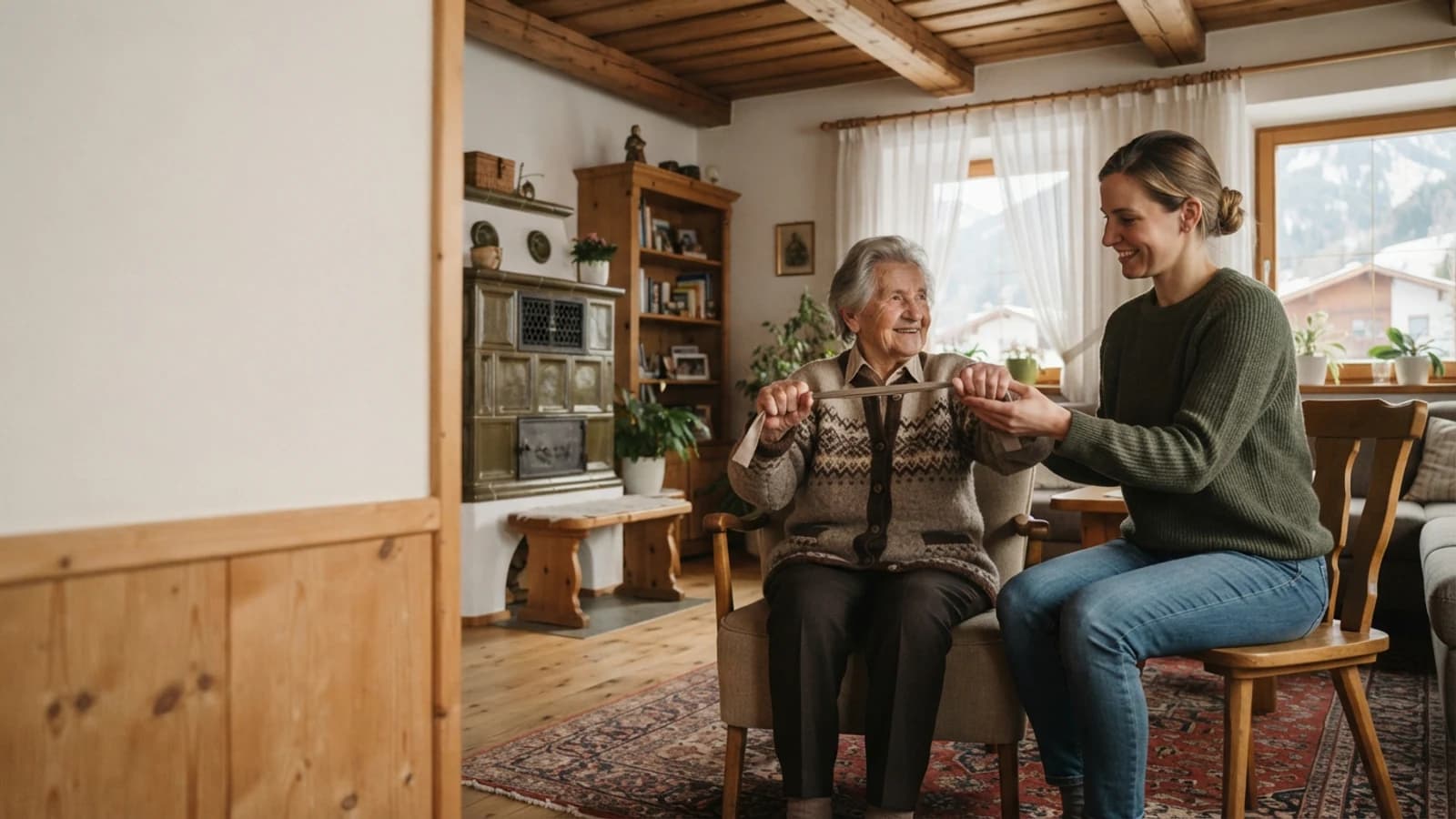 Symbolbild: Seniorin und Betreuerin bei einer leichten Bewegungsübung in einer Wohnung in Tirol