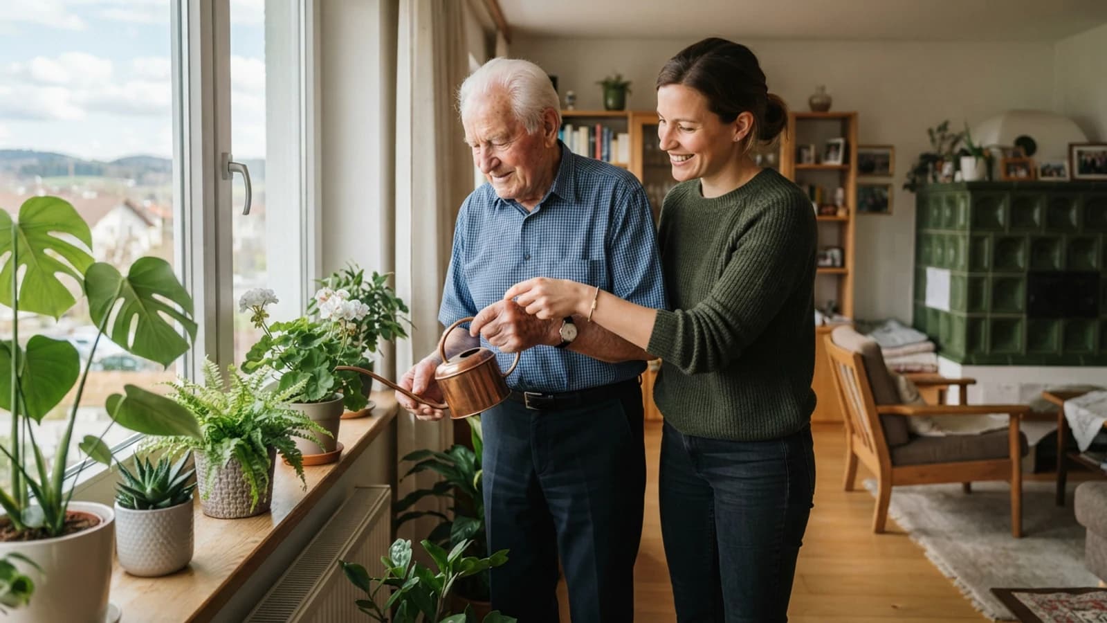 Symbolbild: Senior und Betreuerin beim Gießen von Zimmerpflanzen in einer Wohnung in Traun
