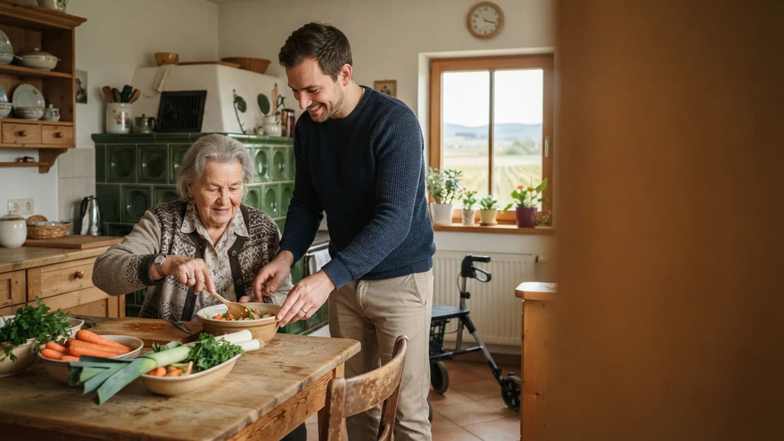 Symbolbild: Seniorin und Betreuer beim gemeinsamen Kochen in einer Wohnung in Tulln