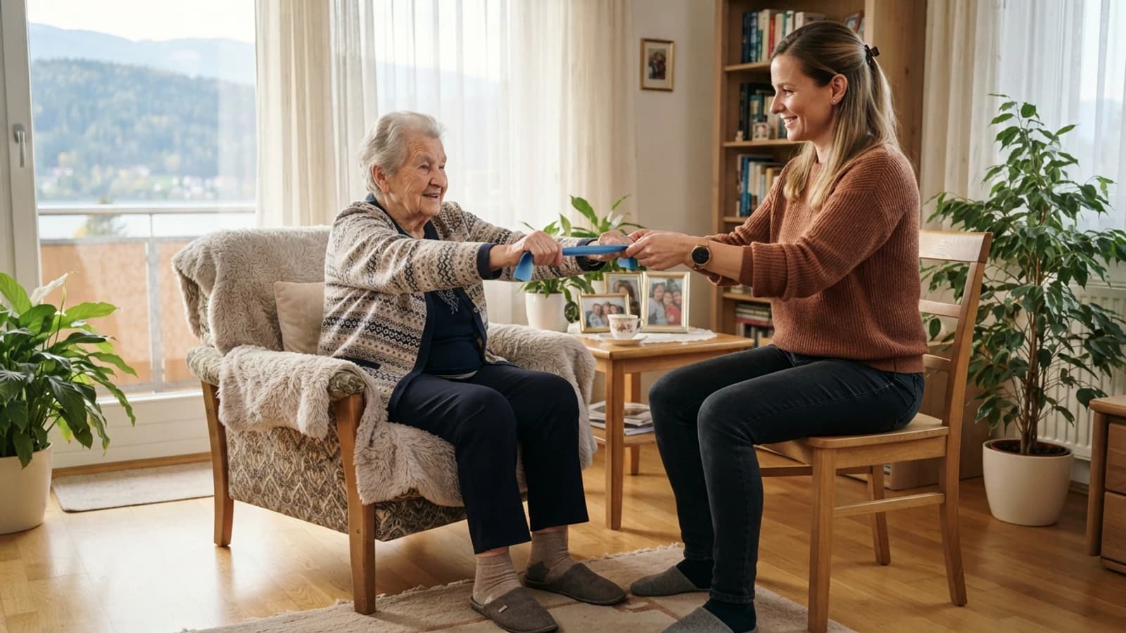 Symbolbild: Seniorin und Betreuerin bei einer leichten Bewegungsübung in einer Wohnung in Villach