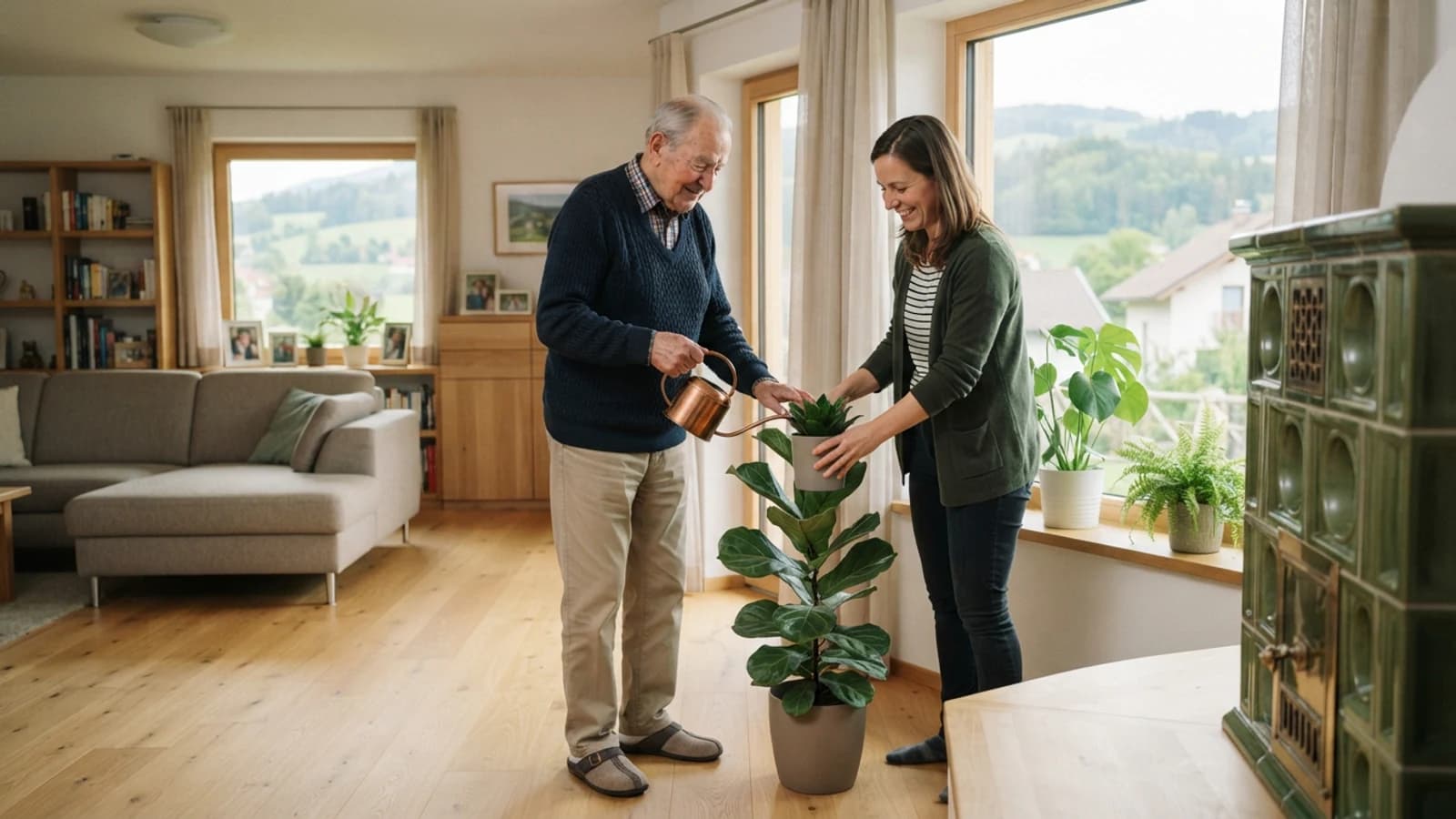 Symbolbild: Senior und Betreuerin beim Gießen von Zimmerpflanzen in einer Wohnung in Vöcklabruck