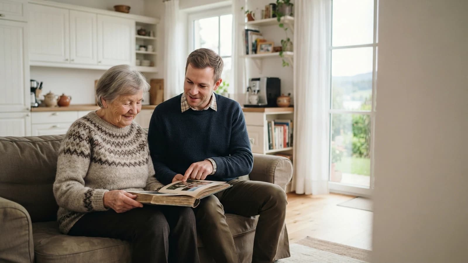 Symbolbild: Seniorin und Betreuer beim Ansehen eines Fotoalbums in einer Wohnung in Völkermarkt
