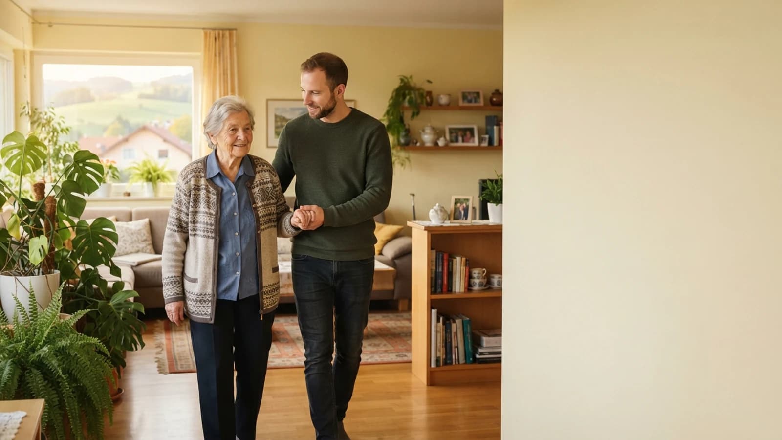 Symbolbild: Seniorin und Betreuer beim Gehen mit stützendem Arm in einer Wohnung in Weiz