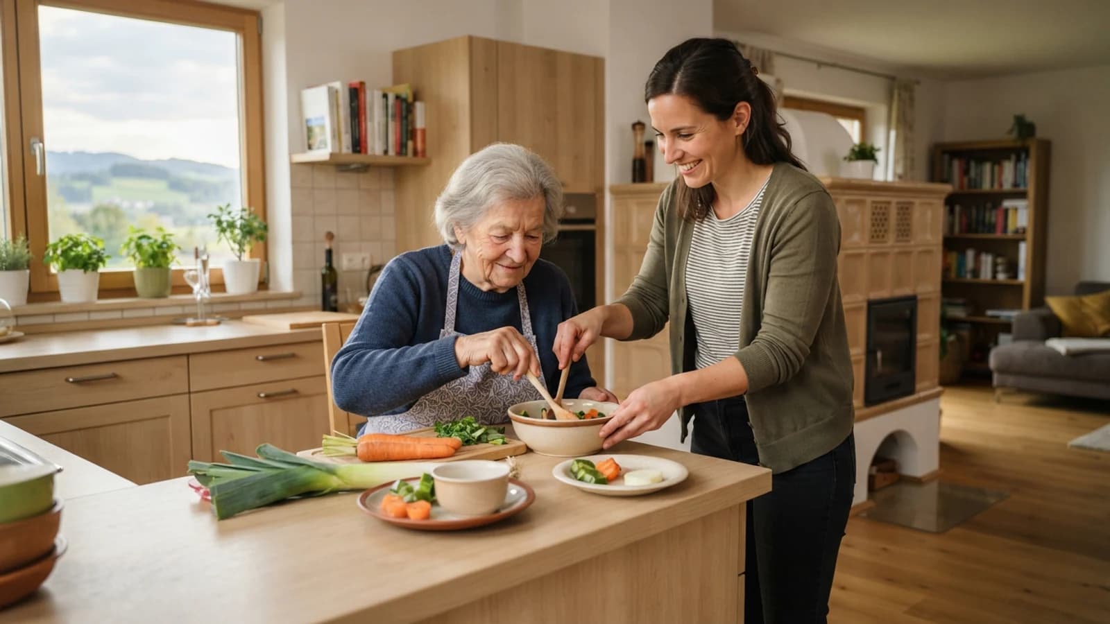 Symbolbild: Seniorin und Betreuerin beim gemeinsamen Kochen in einer Wohnung in Wels