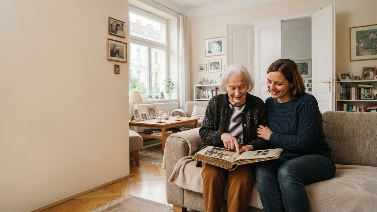 Symbolbild: Seniorin und Betreuerin beim Ansehen eines Fotoalbums in einer Wohnung in Wien