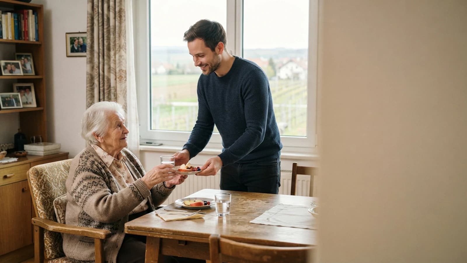 Symbolbild: Seniorin und Betreuer am Fenster mit einem Glas Wasser in einer Wohnung in Wiener Neustadt