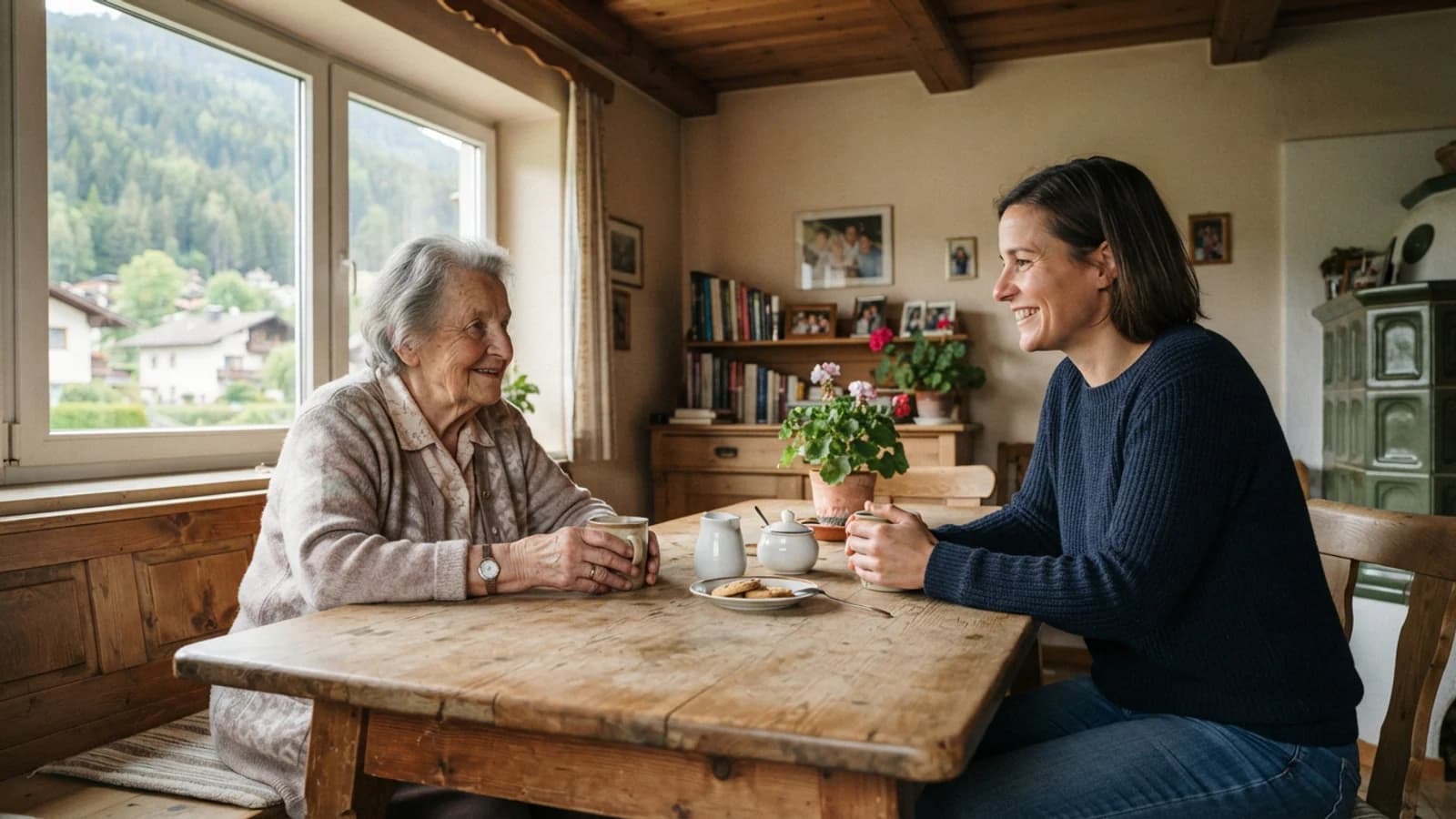 Symbolbild: Seniorin und Betreuerin im Gespräch bei einer Tasse Kaffee in einer Wohnung in Wörgl