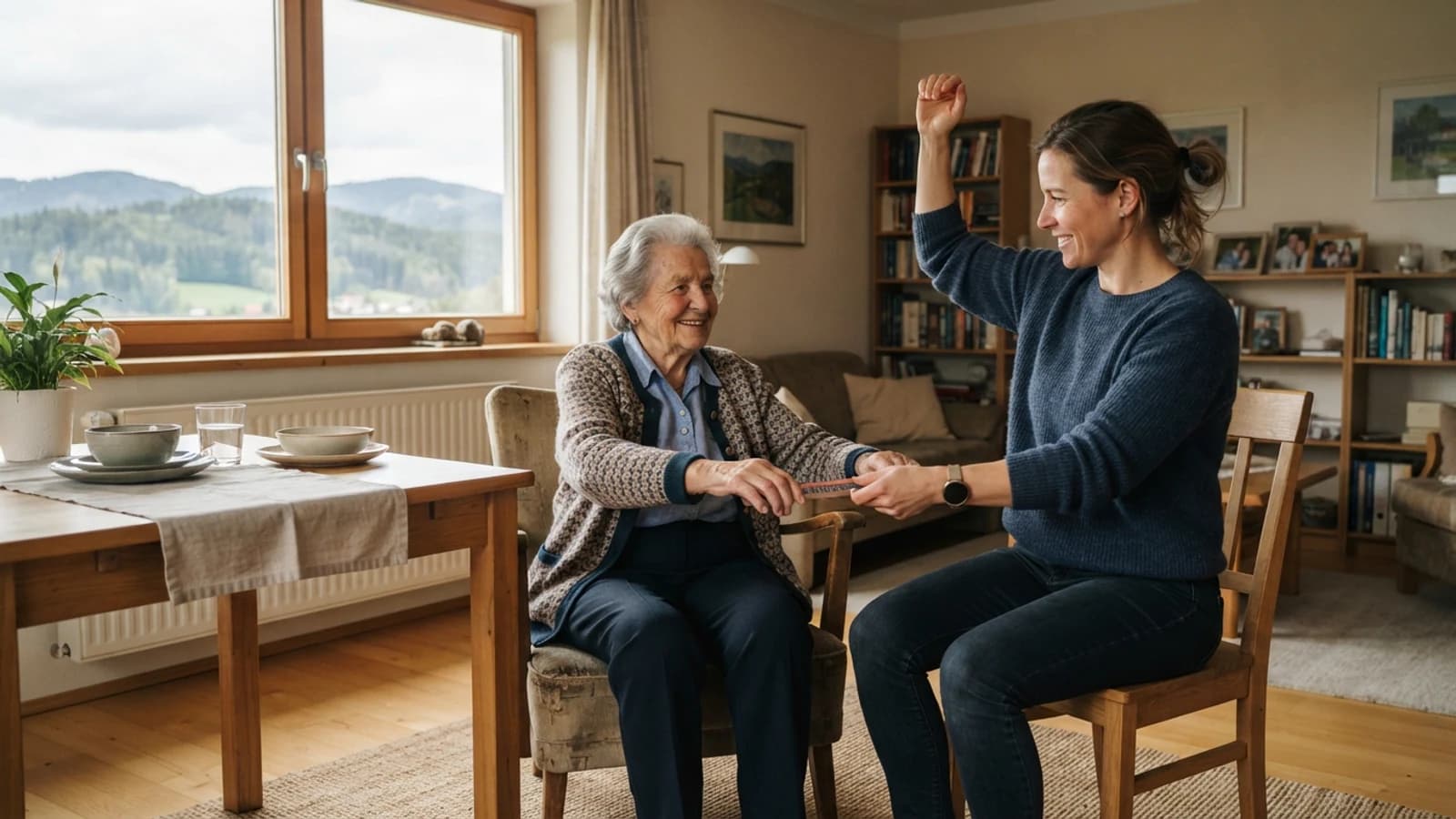 Symbolbild: Seniorin und Betreuerin bei einer leichten Bewegungsübung in einer Wohnung in Wolfsberg und im Lavanttal