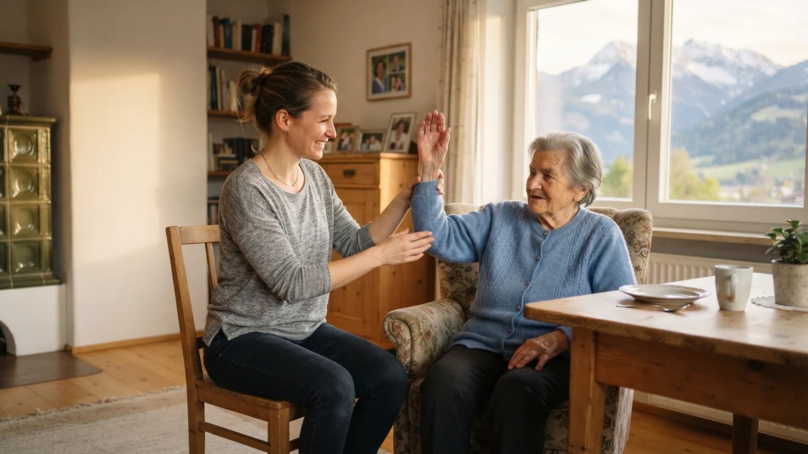 Symbolbild: Seniorin und Betreuerin bei einer leichten Bewegungsübung in einer Wohnung in Zell am See
